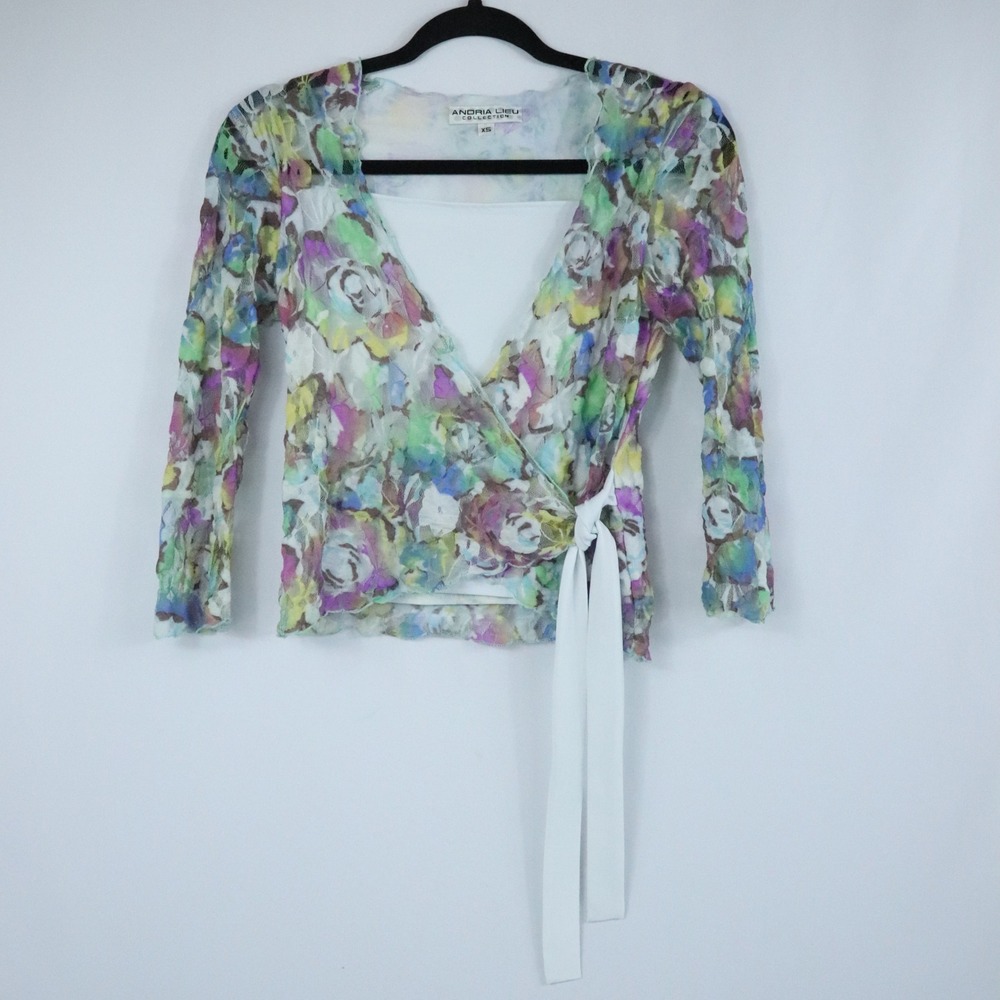 Y2K Andria Lieu Multicolor Pastel Watercolor Floral Lace Wrap Top Womens Sz XS - Picture 2 of 7